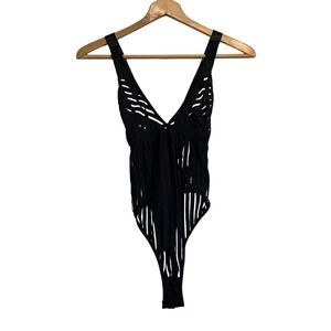 Edgy Striped Burnout Bodysuit Womens XXL Black Sheer V-Neck High Cut Leg Sexy